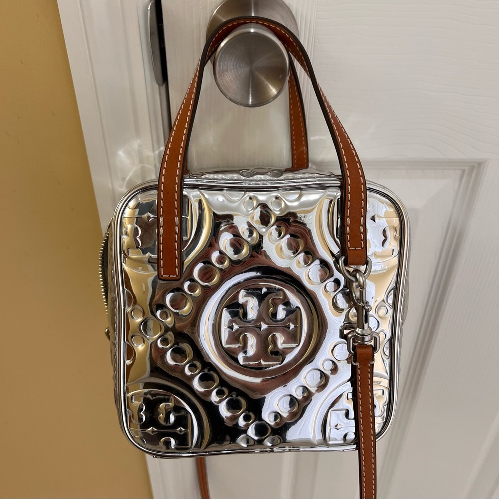 Tory Burch T Monogram Embossed Metallic Cube Bag and Wallet